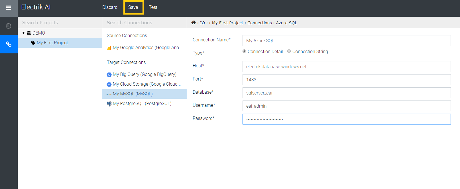Enter Azure SQL database connection details-Electrik.AI