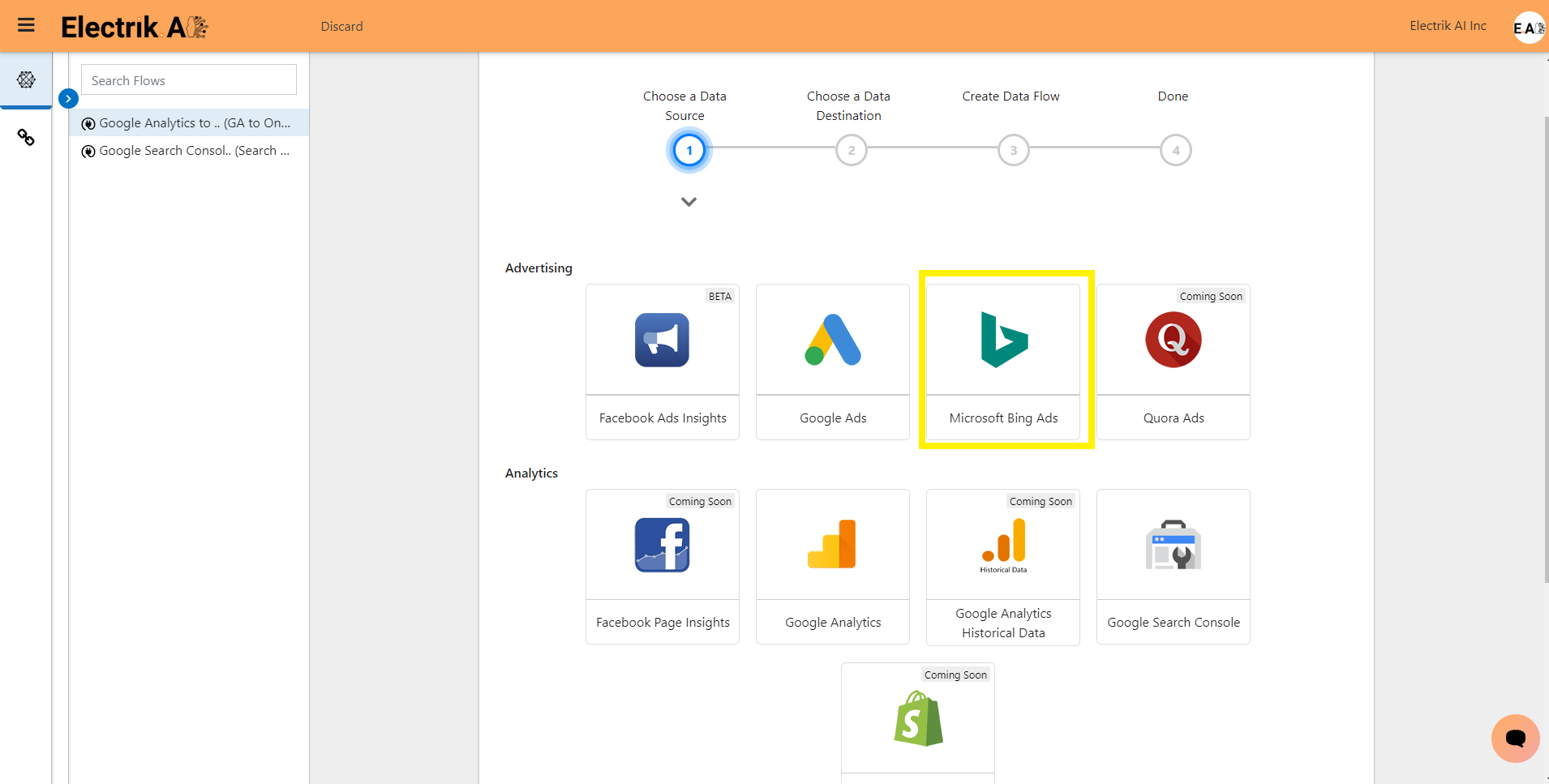 Step 5 Flow Select Microsoft Ads Connection-ElectrikAI