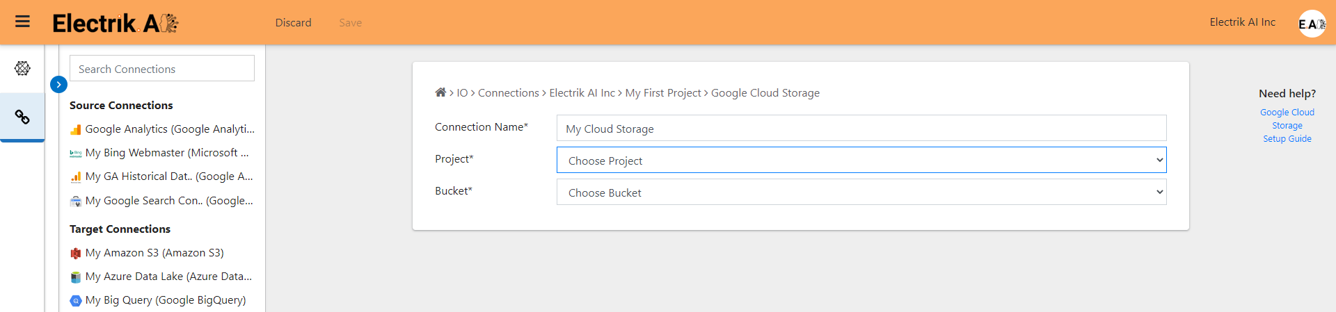 Choose your Google Cloud Storage Project and Bucket-ElectrikAI