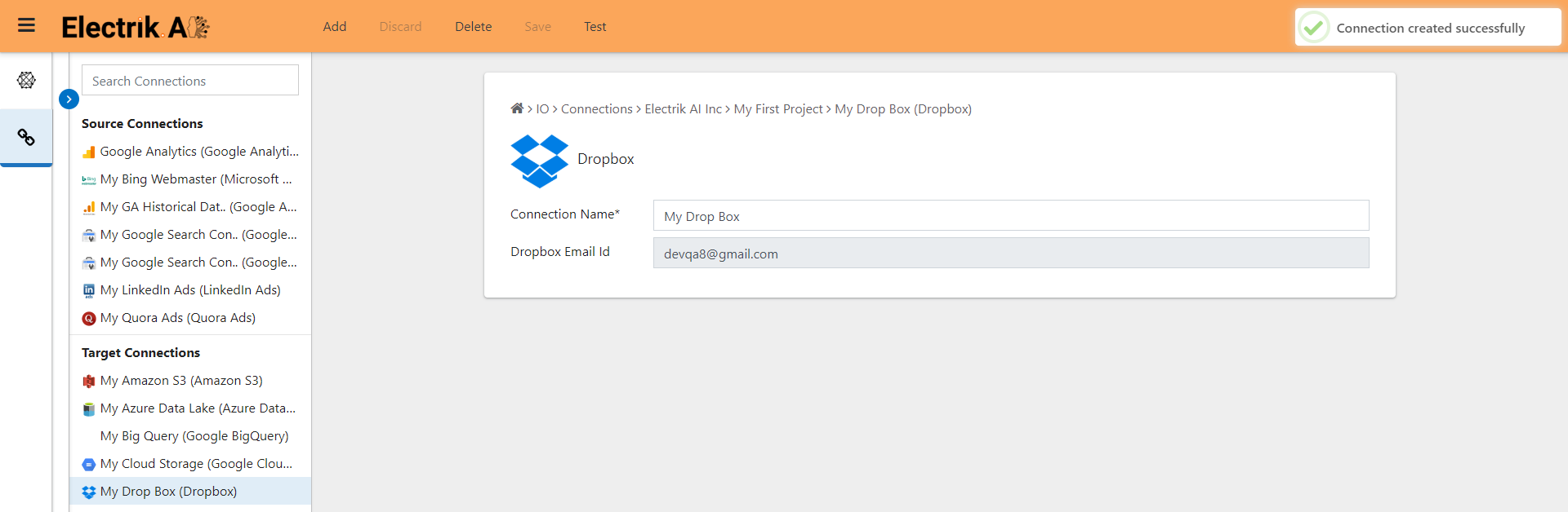 Successfully created a Dropbox connection in Electrik.AI
