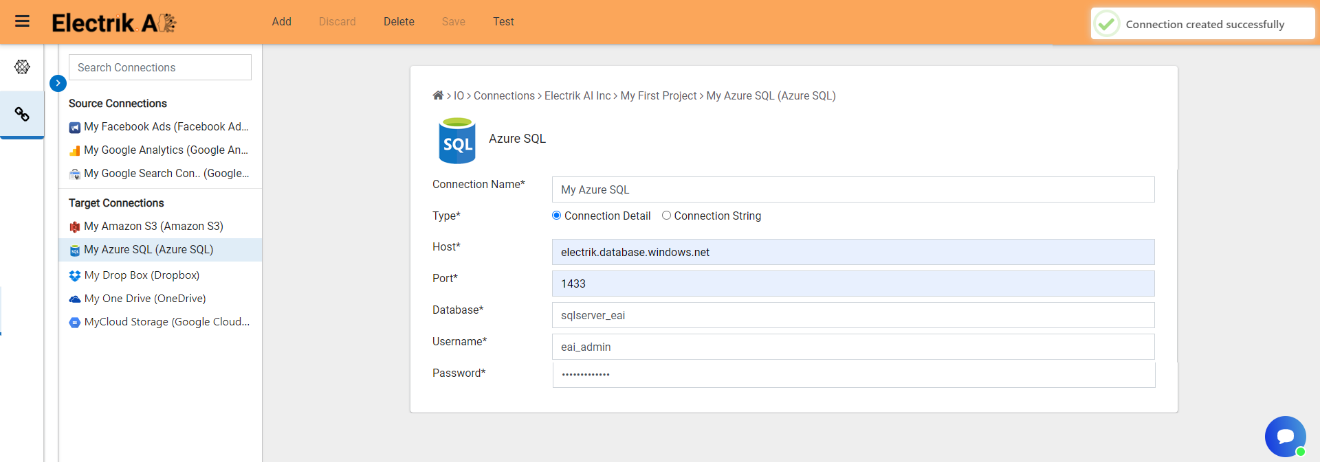 Congratulations you have successfully created a Azure SQL database connection-ElectrikAI