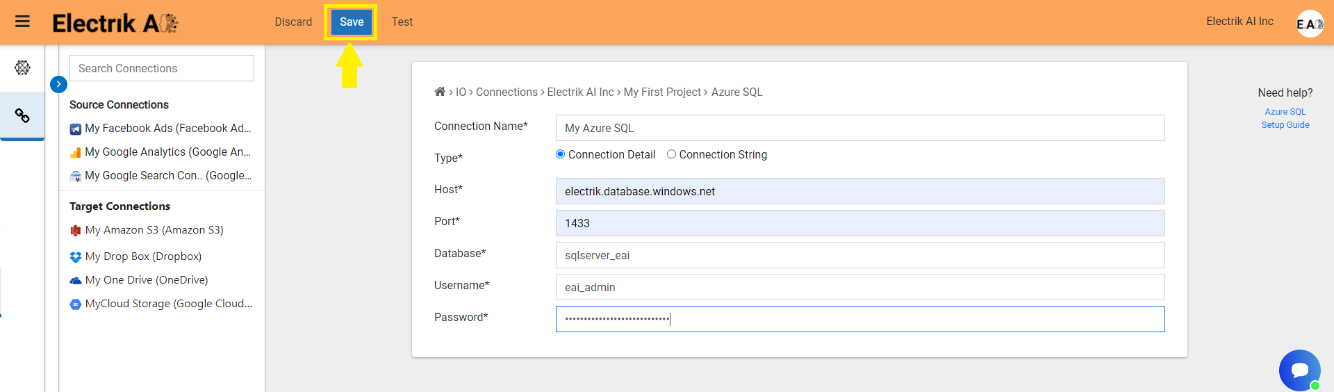 Enter Azure SQL database connection details -ElectrikAI