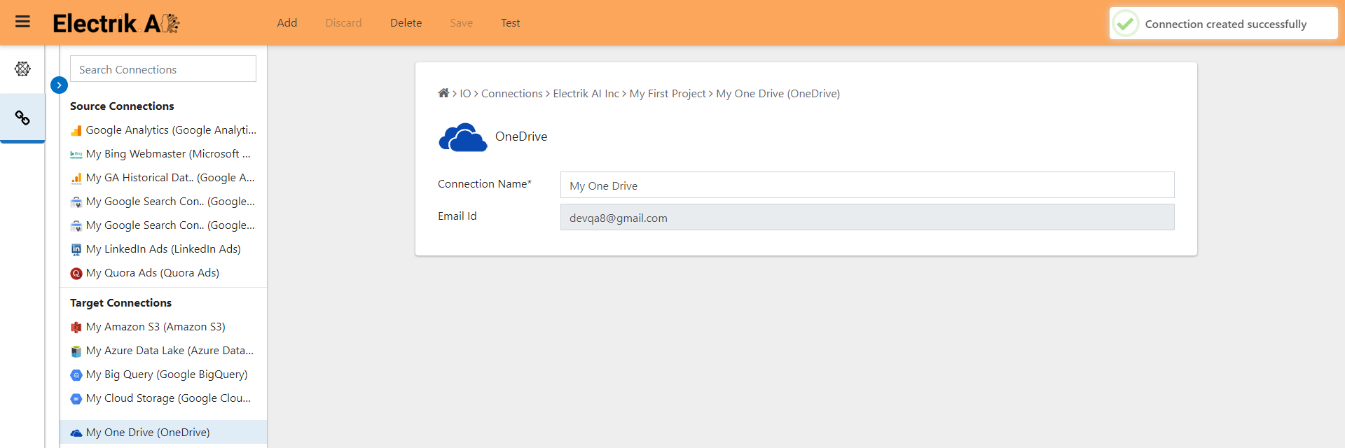 You have successfully created a Microsoft OneDrive connection-ElectrikAI