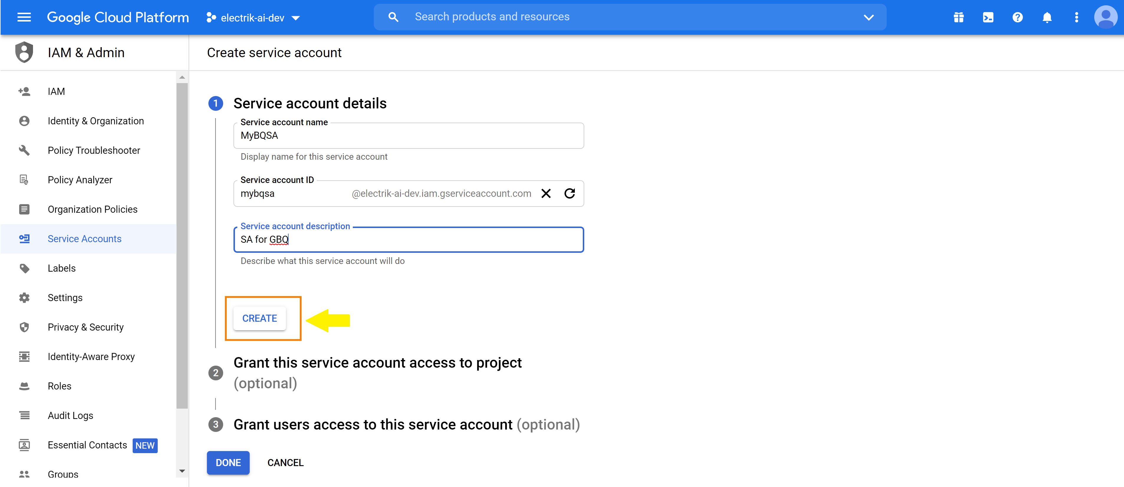 Creating BQSA account-Provide required service accounts details and click on “CREATE”