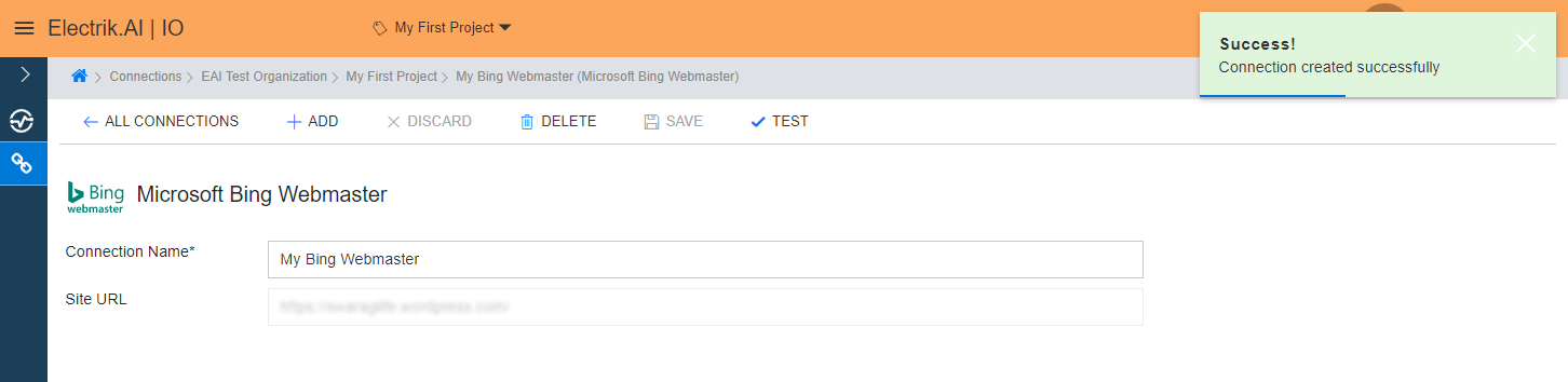 Congratulations, you have successfully created a Bing Webmaster Connection in Electrik.AI