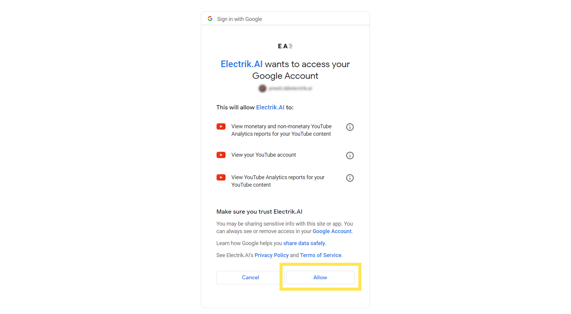 Allow Electrik.AI to access your YouTube Analytics account