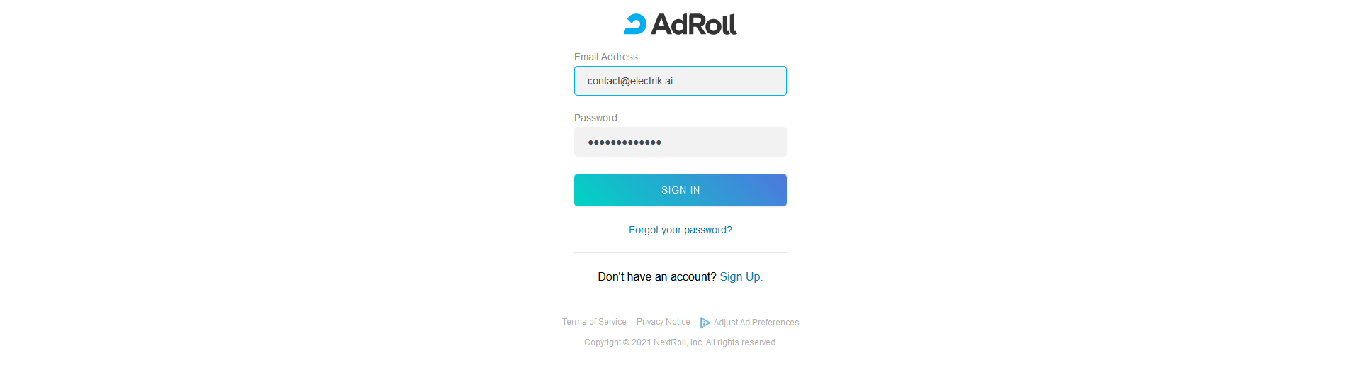 Provide your AdRoll account User Id and Password
