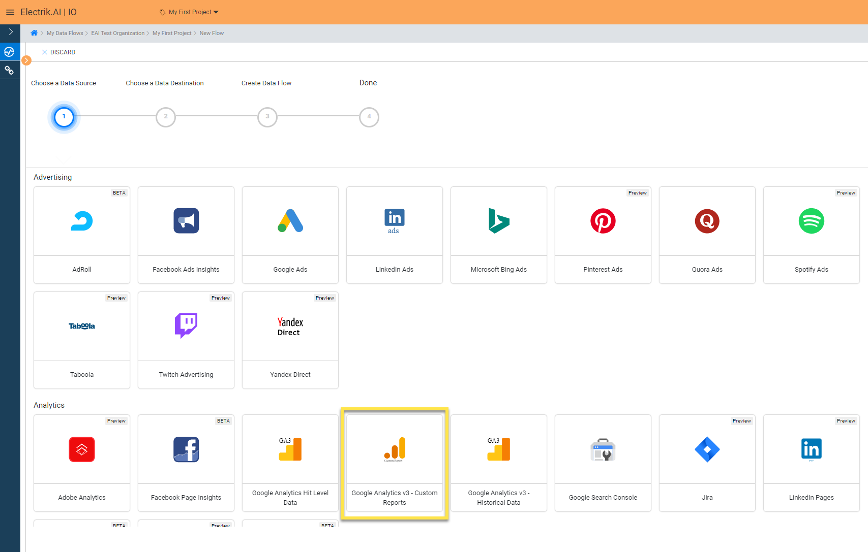 Select Google Analytics Custom Report Connection present in the list of available sources