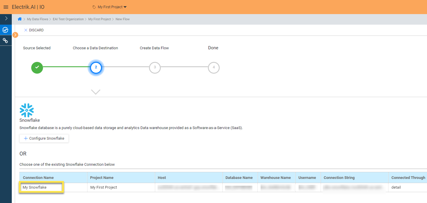 Flow Step 8 Select your existing Snowflake connection in Electrik.AI