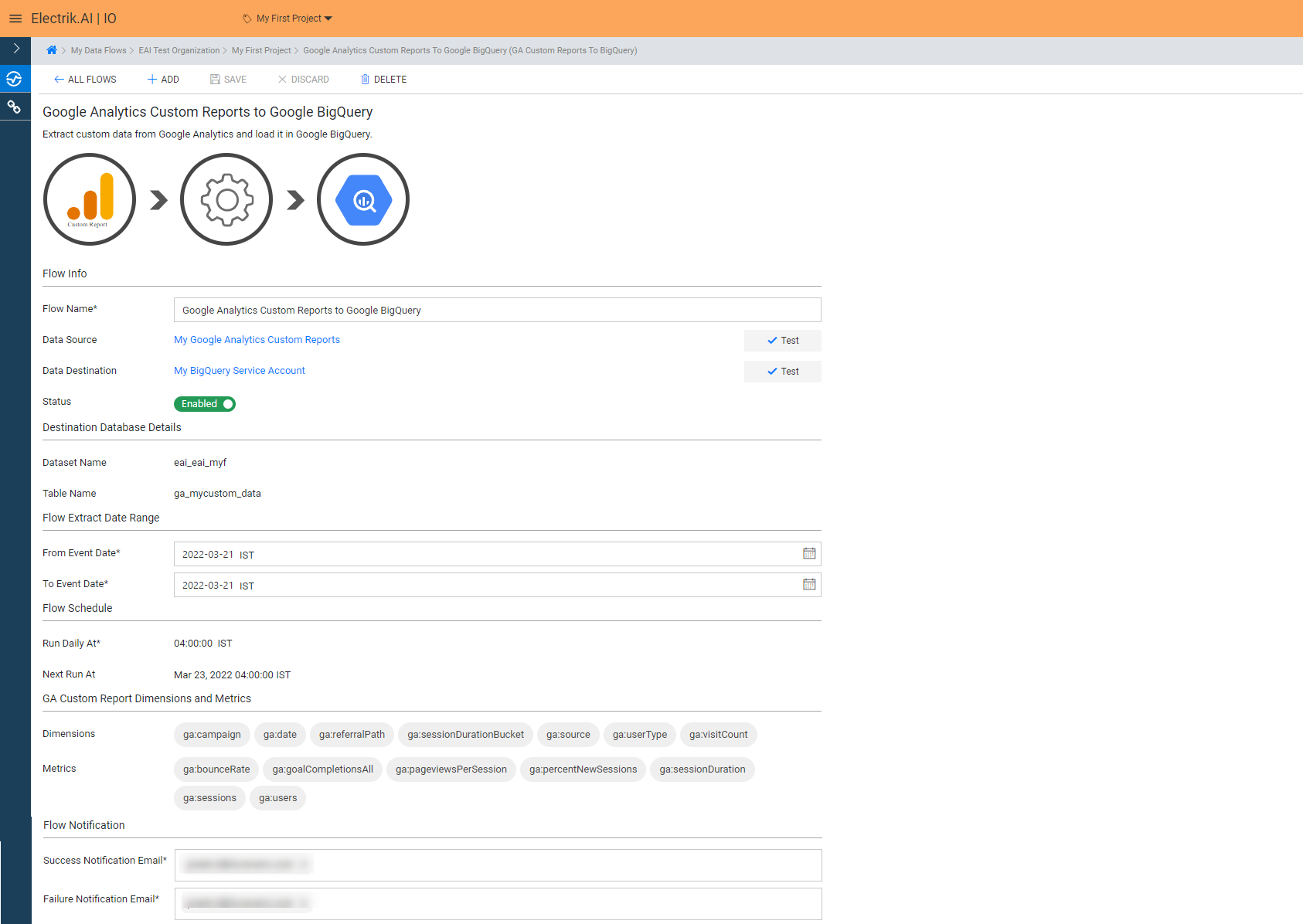 You have now successfully setup Google Analytics Custom Report to Google BigQuery flow in Electrik.AI.
