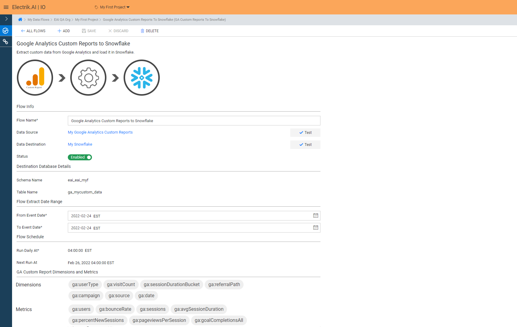 You have now successfully setup Google Analytics Custom Report to Snowflake flow in Electrik.AI