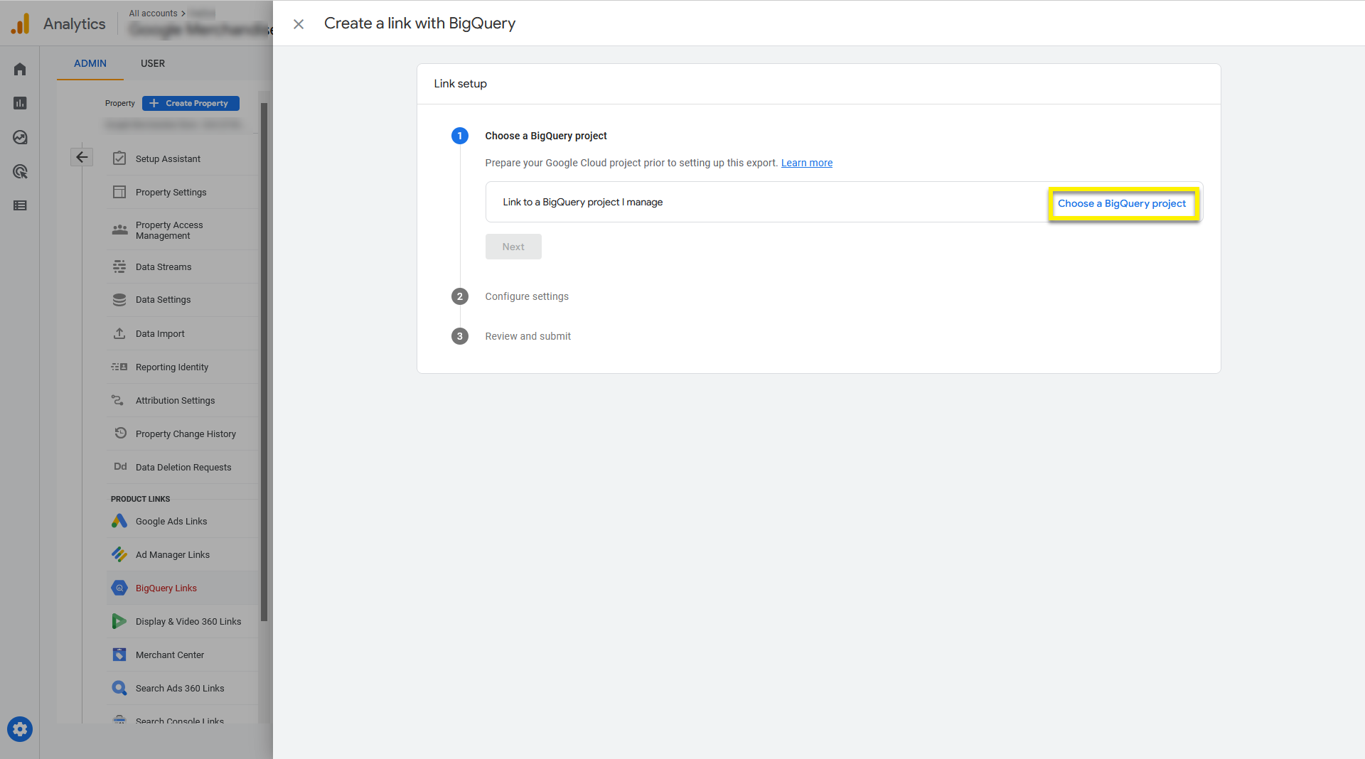 Step 22.4 Click ‘Choose a BigQuery project’ to display a list of projects