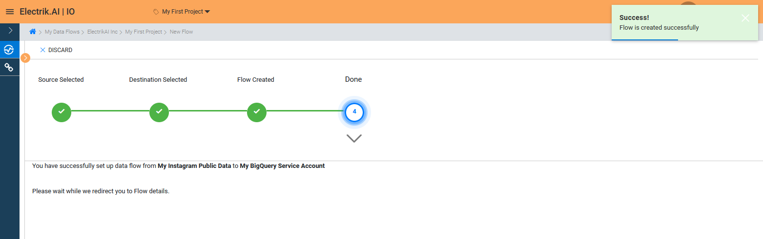 Congratulations, Flow is created. Please wait while you are redirected to Flow Details Screen ElectrikAI