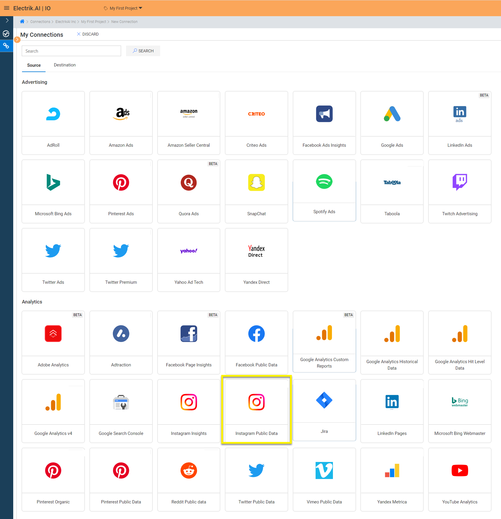 Conn Step 5 The Source default tab is selected just click on “Instagram Public Data” connection ElectrikAI