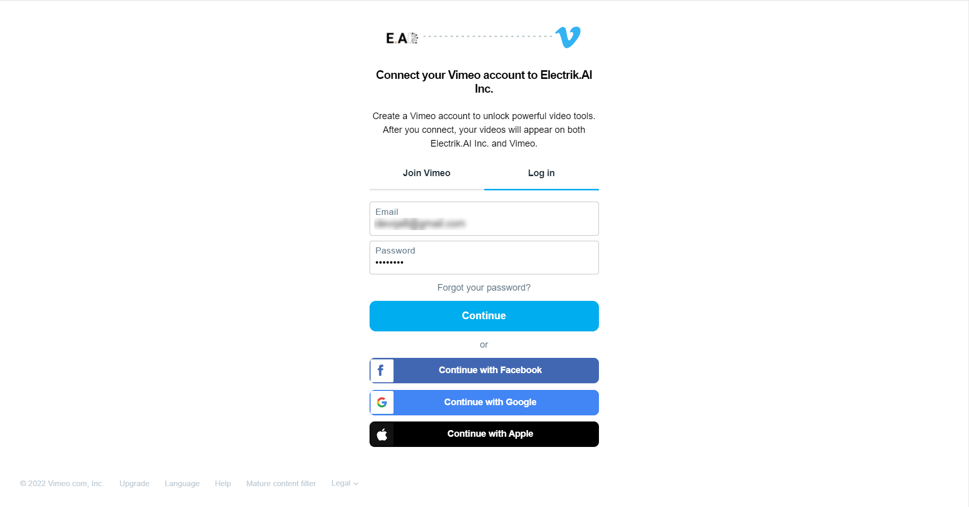 Conn Step 6a Enter your Vimeo Public Data account User Id and Password ElectrikAI