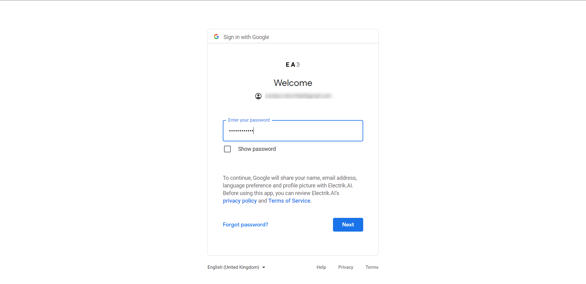 Conn Step 6b Enter your Google Search Console User Id and Password ElectrikAI