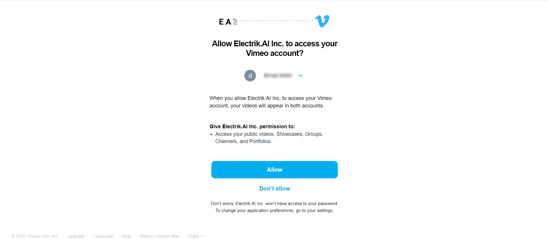 Conn Step 7 Allow Electrik.AI to access your Vimeo Public Data ElectrikAI