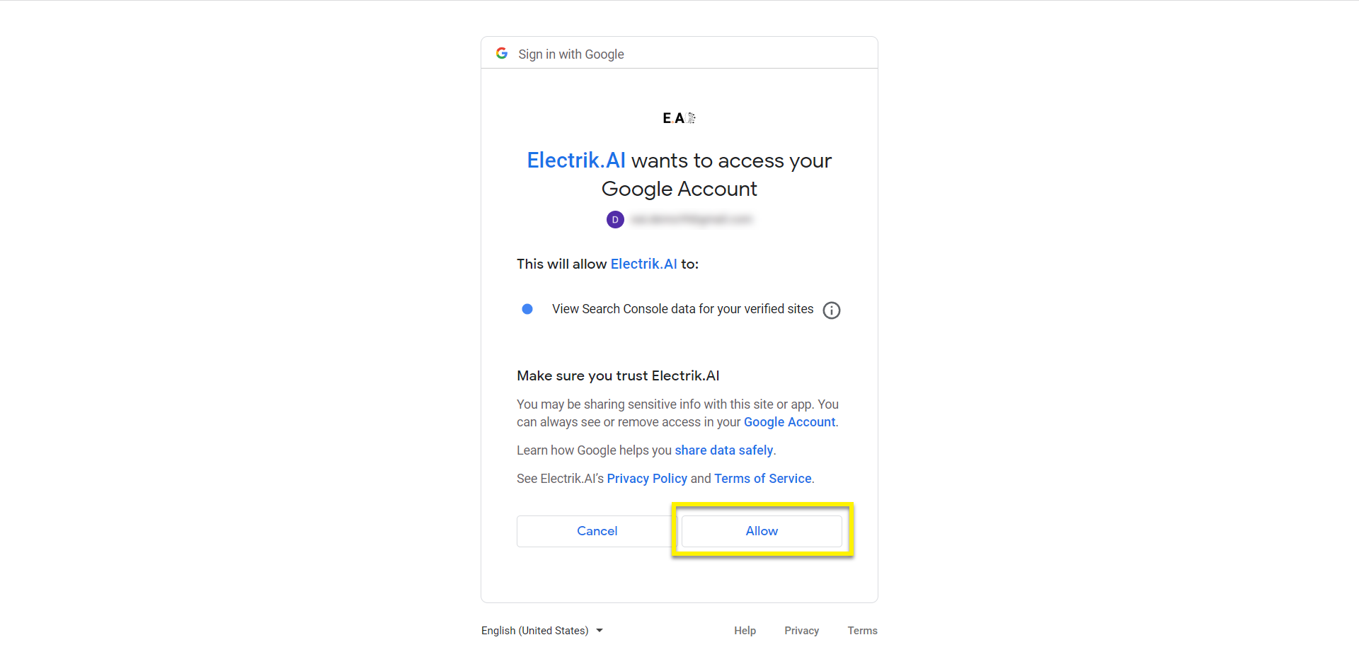 Conn Step 7 Allow Electrik.AI to view Google Search Console Data for your verified sites ElectrikAI