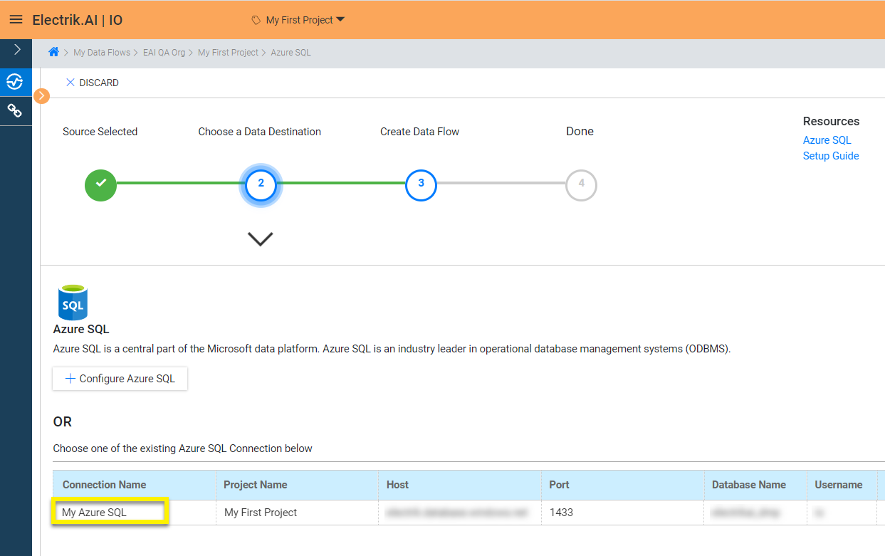 Flow-Step 8 Select your existing Azure SQL connection in ElectrikAI