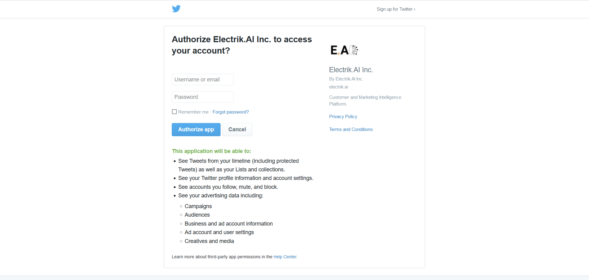 Conn Step6 Enter Twitter Ads Id and Password - ElectrikAi