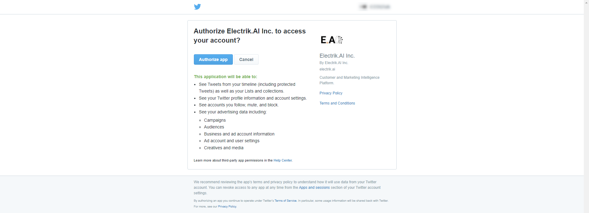 Conn Step7 allow access your Twitter Ads - Electrik AI