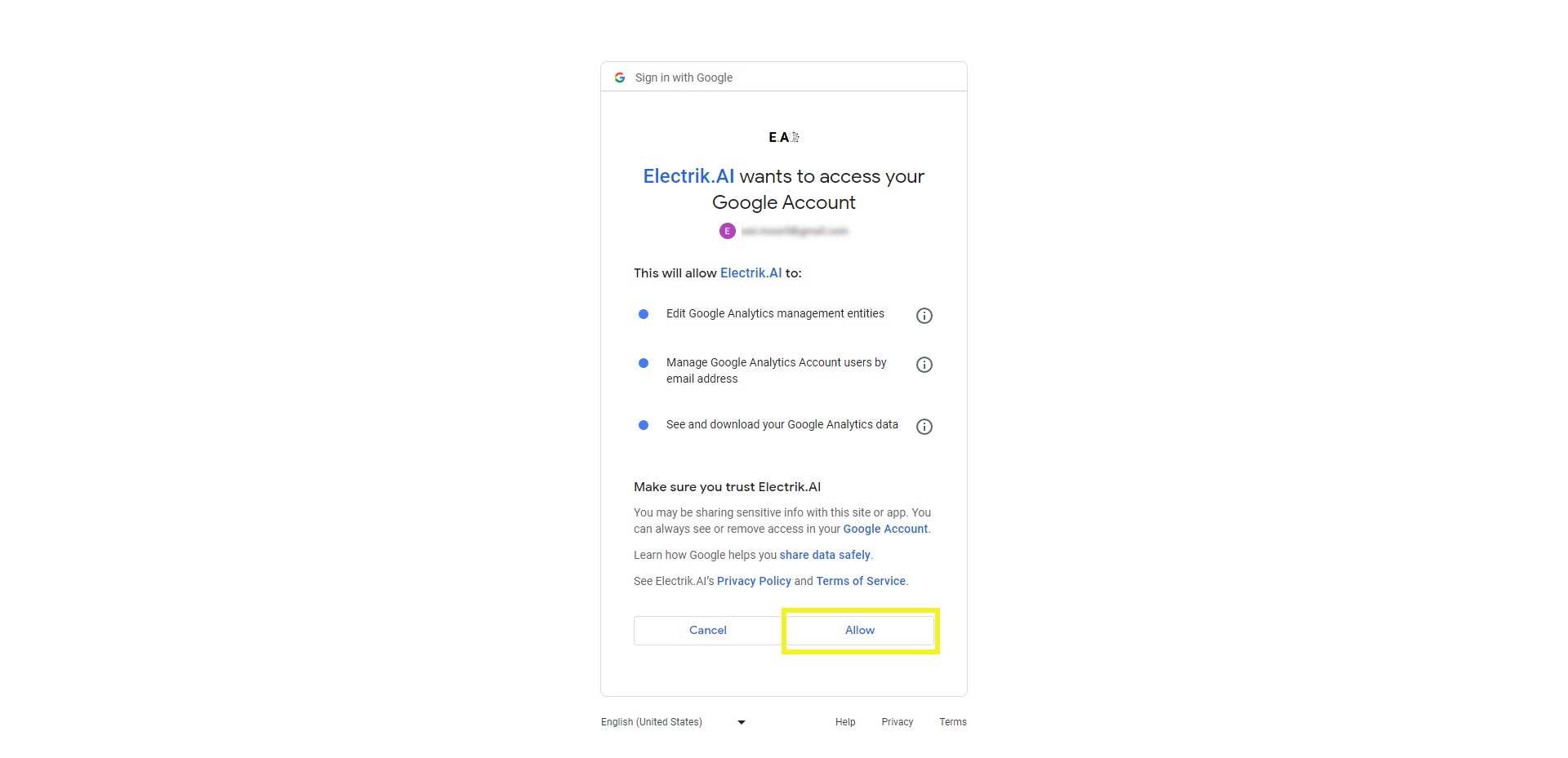Conn Step 7 Allow Electrik.AI to view Google Account Data for your GA4 property - ElectrikAI