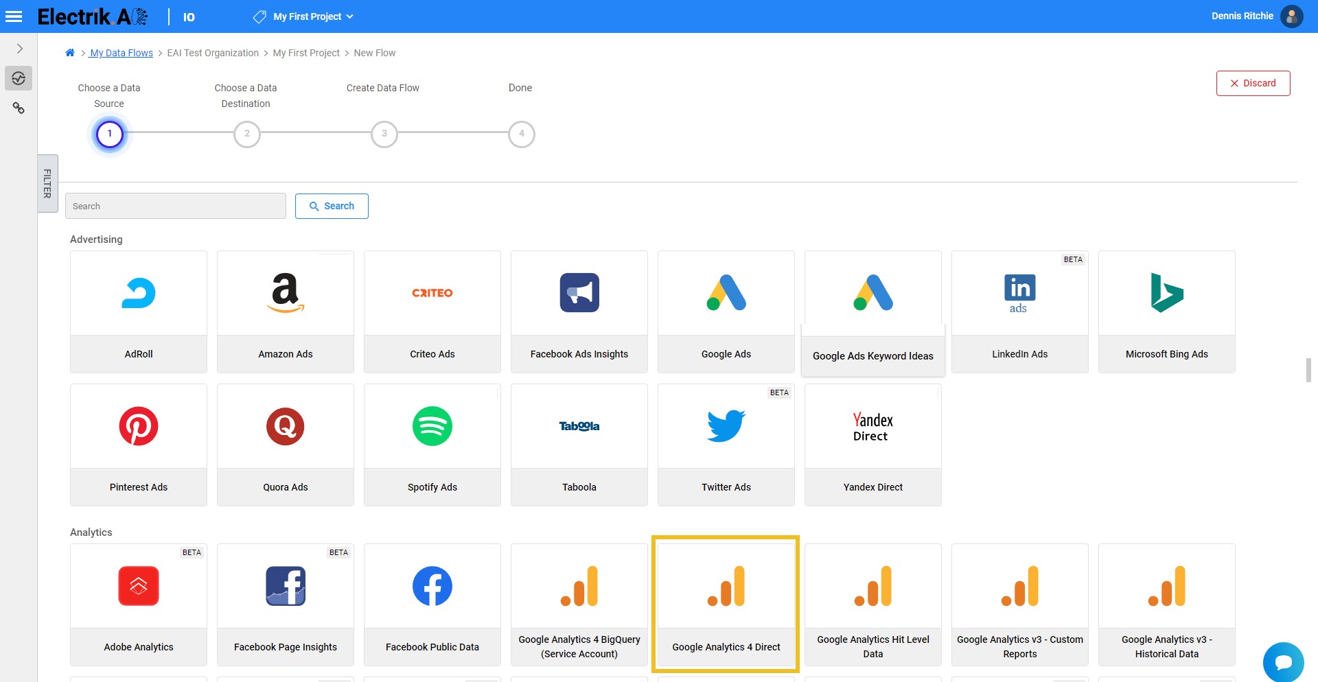 Select Google Analytics 4 BigQuery (Service Account) Connection present in the list of available sources - ElectrikAI