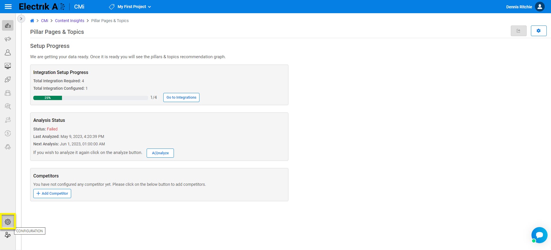 Sign-In to Electrik.AI, On the Home Page, at the bottom right of the screen click on Configuration - ElectrikAI