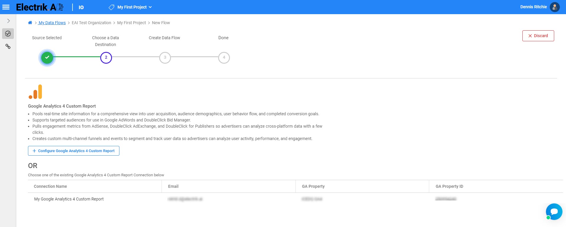Flow- Step 6 Select your existing Google Analytics 4 Custom Report connection - ElectrikAI