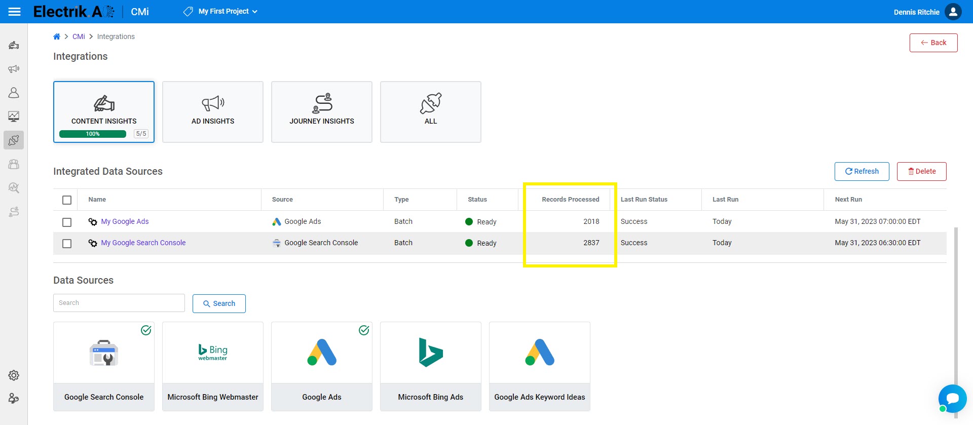 Step 5a - Under each category for the corresponding integrated data source, you can also view the last execution details ElectrikAI