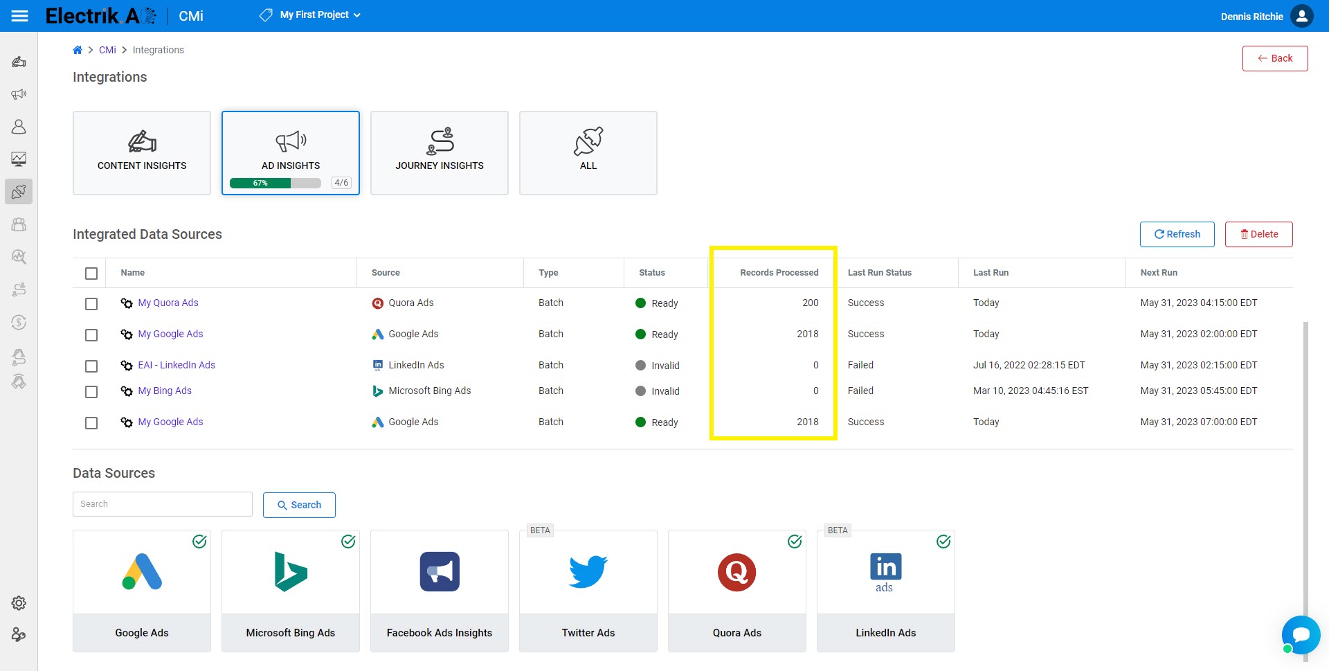 Step 5b - Under each category for the corresponding integrated data source, you can also view the last execution details - ElectrikAI
