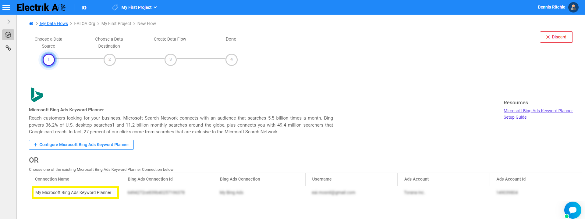 Flow-Step 6 Select your existing Microsoft Ads Keyword Planner connection - ElectrikAI