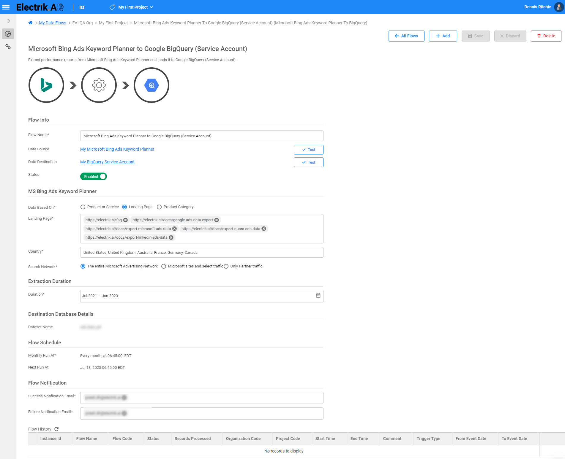 flow-You have now successfully setup Microsoft Bing Ads Keyword Planner to Google BigQuery flow - ElectrikAI